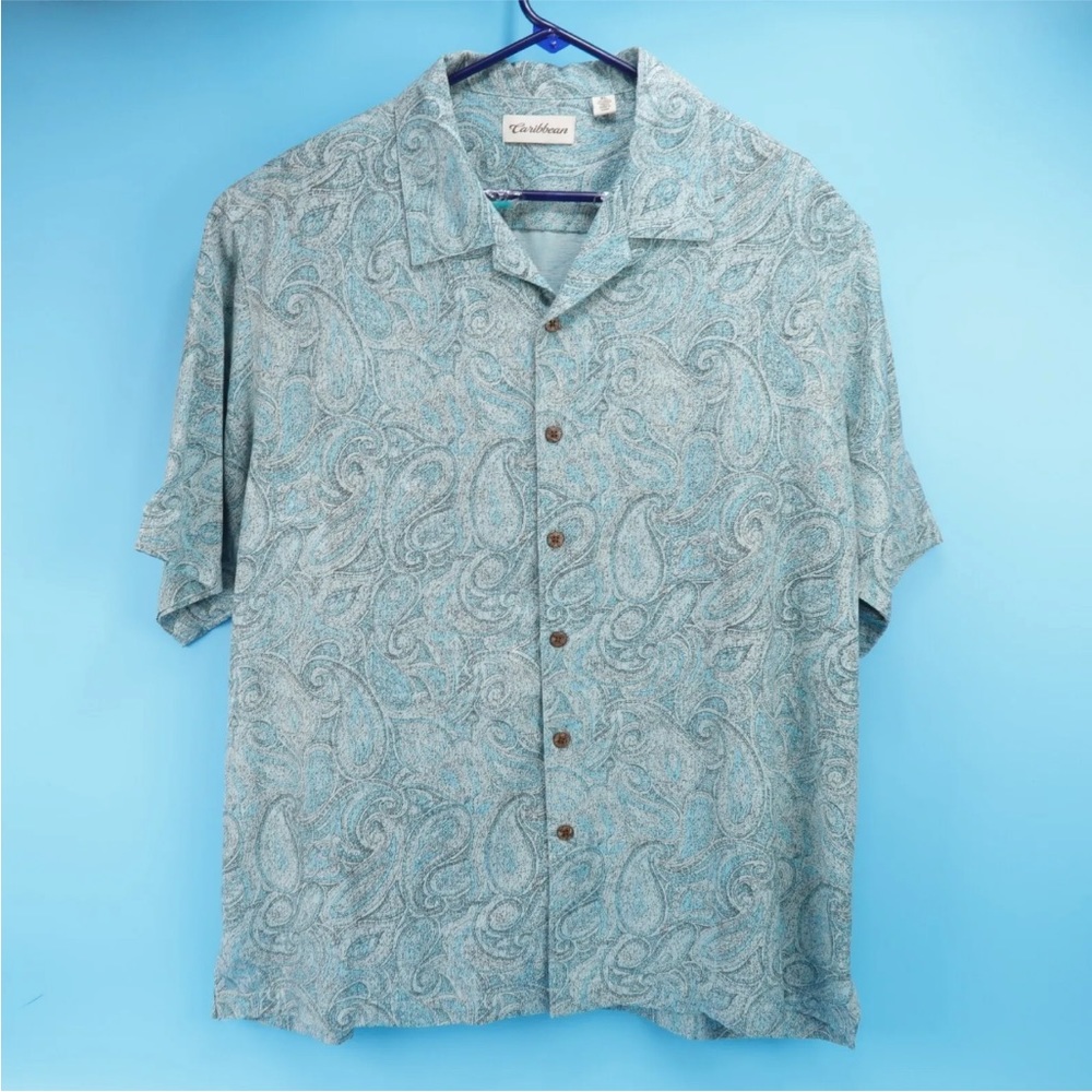 Caribbean Silk Blend Blue Paisley Button Up Shirt Mens Short Sleeve Size XL